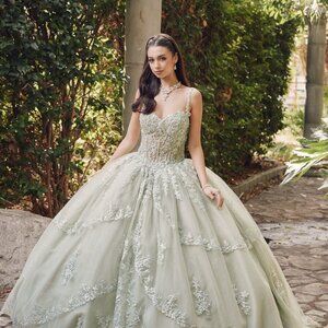 NEW FORMAL SLEEVELESS LACE UP BALL GOWN EMBROIDERED WITH FLORAL LACE JT1450J